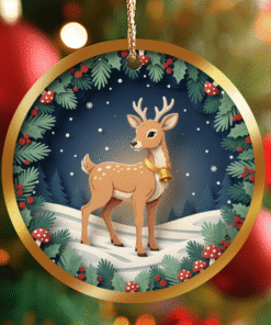 Woodland Reindeer Ornament – Forest Light Christmas Keepsake | Ceramic Round Holiday Tree Decoration