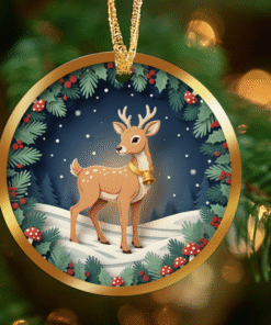 Alternative view of Woodland Reindeer Ornament – Forest Light Christmas Keepsake | Ceramic Round Holiday Tree Decoration