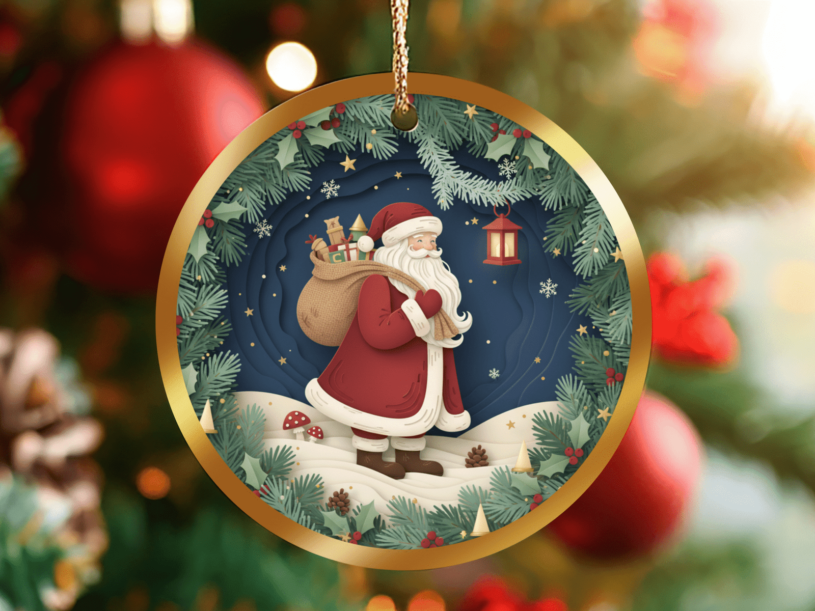 Woodland Santa Ornament – Lantern Night Christmas Decor - Image 2