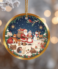 Santa’s Woodland Gathering Ornament – North Pole Forest Friends Scene | Ceramic Christmas Ornament