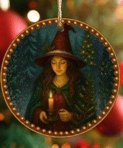 The Yule Witch of Light – Pagan Holiday Ornament | Candle Magic & Forest Spirit | Round Holiday Tree Decoration